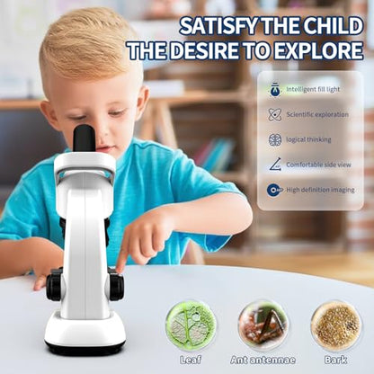 Microscope for Kids Scientific Experiment Kit 40X-1600X Magnification LED Light Educational STEM with Slides and Lab Tools Ages 6-12 (White) - color: White