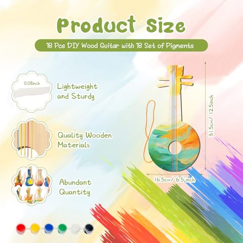 Syhood 36 Pcs 18 Sets DIY Wood Guitar (6 Difference Designs) with Pigments (6 Colors), DIY Wood Instruments Gift for Crafts Art Birthday Music Theme Party(Classic Style) - style: Classic Style