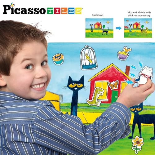 PicassoTiles Pete The Cat 80pc Magnetic Board Game Puzzle Playset Reusable Mix & Match Cartoon Toy with Storytelling, STEM Learning Activity Book and Storage Educational Kids Toys for Ages 3+ PTC02 - style: Pete the Cat Board