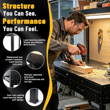 Pterying Garage Workbench with LED Light Bar, Pegboard, 2 Drawers