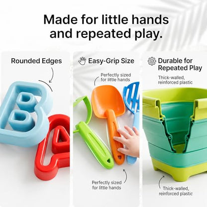47pc Collapsible Beach Toys for Toddlers Kids ，Educational Sand Toys with Letter & Number Molds, Collapsible Bucket, Magnifying Glass, Mesh Bag -Travel Sandbox Toys for Boys Girls Age 3-10