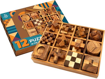 BSIRI 12 in 1 3D Wood Puzzle Box Set - Wooden Brain Teaser Puzzles for Adults Interlocking Toys Games for IQ and Mind Ideal for Patio Decor Desk Office and Unique Gift Hand Game (12 Games) - style: 12 Puzzle Set