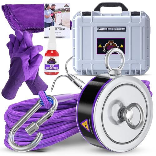 2600LB’s Complete Magnet Fishing Kit | Double Sided Fishing Magnet Kit with Case | Includes Strong Neodymium N52 Magnets, Durable 65ft Rope, Carabiner, Gloves, Grappling Hook & Carry Case - size: 2600 LB Double Sided Magnet Kit