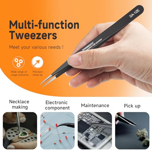 TOWOT Precision Tweezers, Pointed Tweezers for Electronics, Anti-static Stainless Steel Long Tweezers for Crafts, Soldering, Welding, and Jewelry Making Industrial Tweezers - style: Fine Tip Straight LONG(140mm)