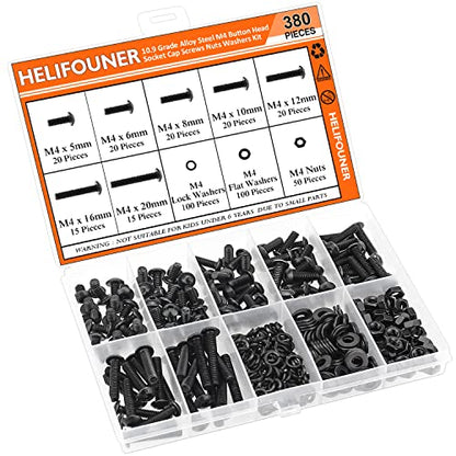 HELIFOUNER 380 Pieces M4 x 5mm /6mm /8mm /10mm /12mm /16mm /20mm, Button Head Socket Cap Screws Bolts Washers Nuts Kit, 10.9 Grade Alloy Steel, Full Threaded, Black - size: M4, style: Button Head