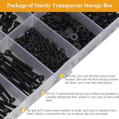 705 Pieces M2.5 Screws Nuts Washers Set Black, Sutemribor M2.5 x 4/6/8/10/12/16/20mm Hex Socket Head Cap Screws Nuts Washers Assortment Kit, 12.9 Grade Alloy Steel, Fully Threaded - size: M2.5 x 4/6/8/10/12/16/20mm Kit, style: Socket Head