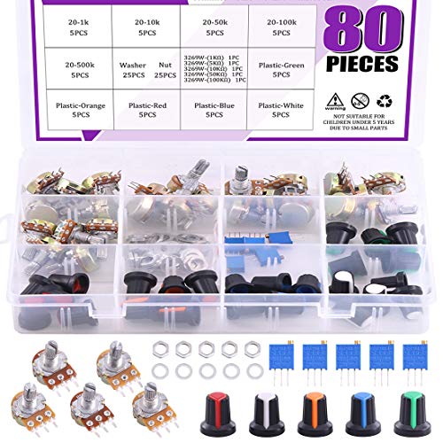Swpeet 80Pcs 1K-500K Ohm Potentiometer Assortment Kit with 1Kohm -100Kohm Multiturn Trimmer, Knurled Shaft 3 Terminals Single Linear HighPrecision Variable Resistor with Nuts and Washers - style: Plastic + Aluminum