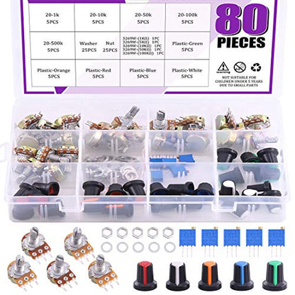 Swpeet 80Pcs 1K-500K Ohm Potentiometer Assortment Kit with 1Kohm -100Kohm Multiturn Trimmer, Knurled Shaft 3 Terminals Single Linear HighPrecision Variable Resistor with Nuts and Washers - style: Plastic + Aluminum