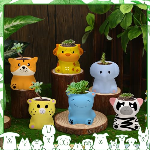 Beeveer 6 Sets Paint Your Own Ceramic Animal Succulent Planters Paintable Animal Ceramic Small DIY Figurines Unpainted Succulent Pots with Drainage Hole for Adults - style: Lovely Animal
