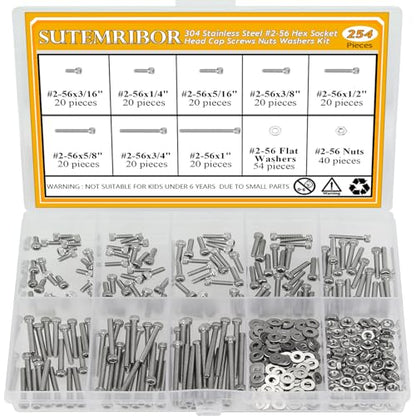254 Pieces #2-56 x 3/16", 1/4", 5/16", 3/8", 1/2", 5/8", 3/4", 1", Hex Socket Head Cap Screws Nuts Washers Assortment Kit - size: #2-56, style: Socket Head