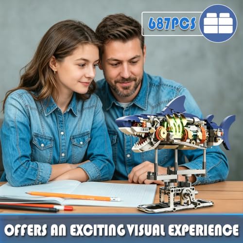 Mechanical Shark Building Set with Light for Boys 8-14, Compatible with Lego Shark, 687PCS Ocean Animals with Display Stand & Movable Joints, Sea Fish Toys Gifts for Home/Office Decor for Adults Kids
