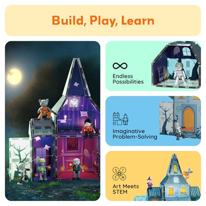 PicassoTiles 57 PCS Magnetic Tiles Halloween Haunted House STEM Set Ages 3+ - color: Haunted House