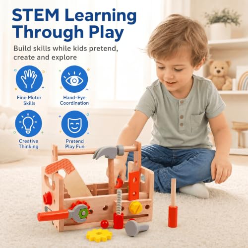 Kids Tool Set, 29 PCS Wooden Toddler Tool Box Workbench, Montessori STEM Educational Construction Pretend Play Toy, Birthday Gift for Ages 3-6 Year Old Boys Girls