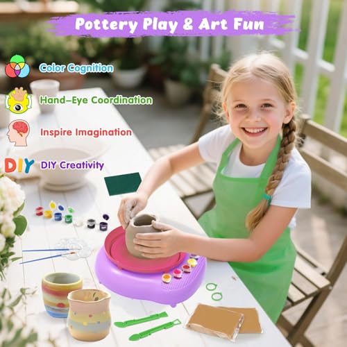 Pottery Wheel for Kids with Air Dry Clay Kit, 12 Paints & Tools, Ages 6-12 - color: pink/purple