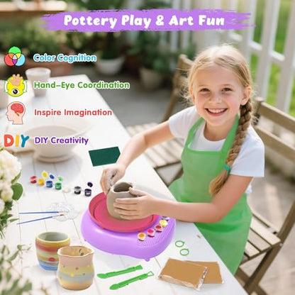 Pottery Wheel for Kids with Air Dry Clay Kit, 12 Paints & Tools, Ages 6-12 - color: pink/purple