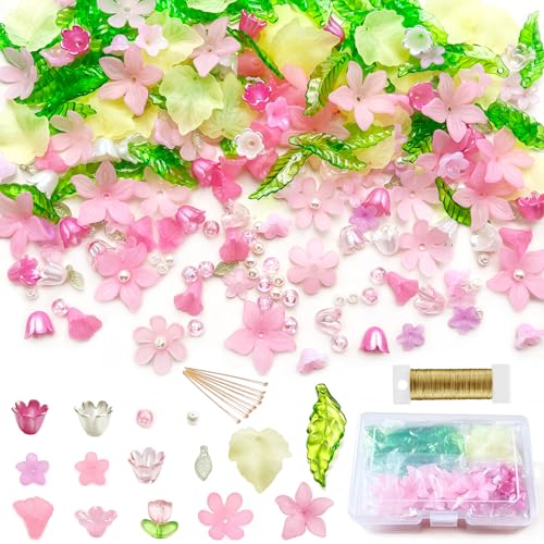 536 Pcs Acrylic Flower Beads Kit Frosted Flower Leaf Pendants Pearl Charms for DIY Crafts Necklace Earring Jewelry Making Plants Kit