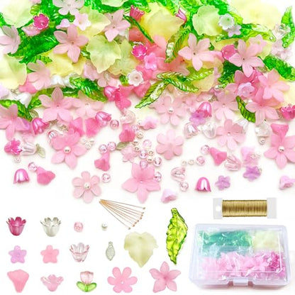 536 Pcs Acrylic Flower Beads Kit Frosted Flower Leaf Pendants Pearl Charms for DIY Crafts Necklace Earring Jewelry Making Plants Kit