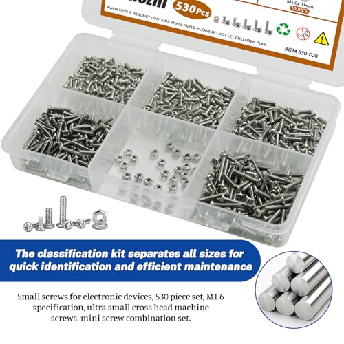 530Pcs 304 Stainless Steel Metric Micro Screws Nuts Assortment, M1.6x4/5/6/8/10mm Sizes, Phillips Pan Head, Fully Threaded Kit for Arduino, RC Models, Electronics, DIY Projects - size: M1.6x4/5/6/8/10- 530 Pcs