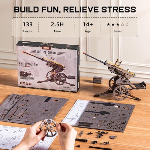 ROKR Anti-Aircraft Gun 3D Wood Puzzle for Adults - Mechanical Rubber Band Shooting Model Kit, DIY Building Set for Teens and Hobbyists, Desktop Decor