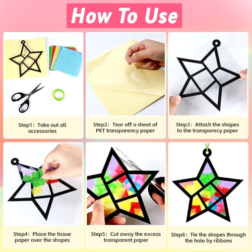 Qyeahkj 36 Set Geometric Shapes Suncatcher Crafts for DIY Star Window Tissue Paper Craft Kit Triangle Heart Hanging Decor for Summer Home Activity Art Project Birthday Party Favor Gift - style: Geometric Shapes