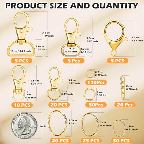 PAXCOO 300PCS Keychain Making Kit, Keychain Craft Supplies Including Key Chain Clips, Lanyard Snap Hooks, Key Rings and Jump Rings for Key Chain Making, Purse Making, Lanyard Making - color: Gold