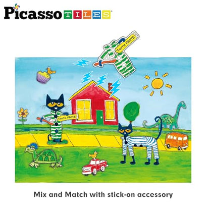 PicassoTiles Pete The Cat 80pc Magnetic Board Game Puzzle Playset Reusable Mix & Match Cartoon Toy with Storytelling, STEM Learning Activity Book and Storage Educational Kids Toys for Ages 3+ PTC02 - style: Pete the Cat Board