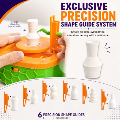 Precision Mini Pottery Wheel for Kids – Mini Pottery Kit with Strong Motor, Air Dry Clay & 6 Precision Shape Guides – Create Miniature Vases, Bowls & Candle Holders – Pottery Kit for Kids Ages 8-12