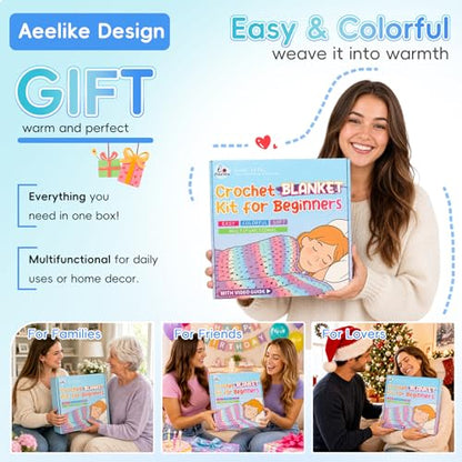 Aeelike Crochet Blanket Kit for Beginners, Easy Blanket Crochet Kits, Blue - color: Gift Box-Aurora Blue Gradient