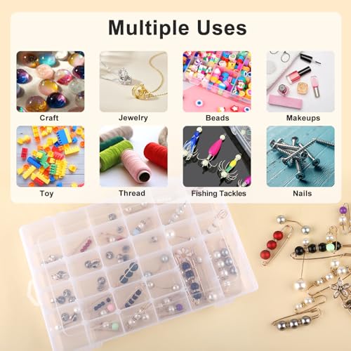 4 Pack 36 Grid Bead Organizer Box with Removable Dividers, Clear Plastic Organizer Box, Craft Storage Containers for Beads, Jewelry, Fishing Tackle, Thread, Screws, DIY Small Parts