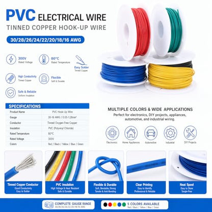 20 AWG Stranded Hook Up Wire Kit, 5 Colors 10m Each, 50m Total, Tinned Copper PVC Electronic Wire, 300V 80°C, 0.32mm², 1.8mm OD - color: Red Black Yellow Blue Green, size: 20AWG