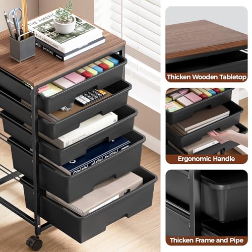 SYKIARIOL 5-Tier Rolling Cart with Drawers with Wooden Top, Black - color: Black