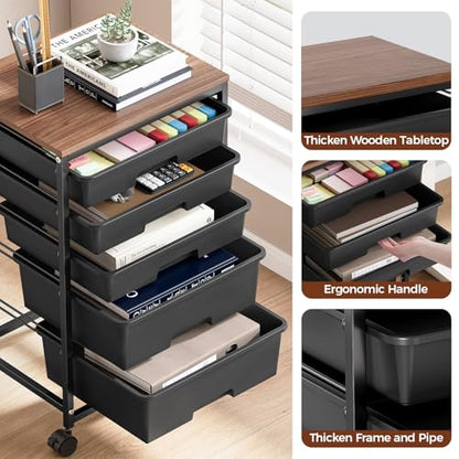 SYKIARIOL 5-Tier Rolling Cart with Drawers with Wooden Top, Black - color: Black