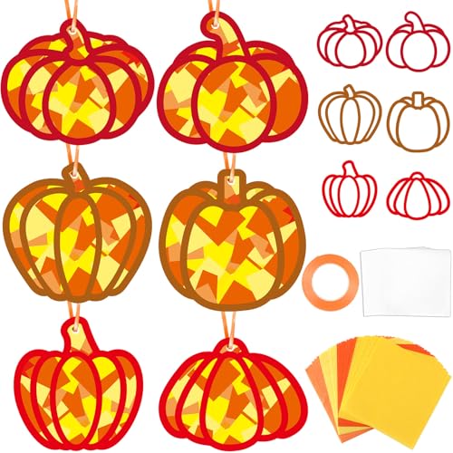 Qyeahkj 36 Set Fall Pumpkin Suncatchers Crafts for DIY Autumn Window Tissue Paper Crafts Kit Thanksgiving Pumpkin Hanging Decor for Fall Home Activity Art Project Birthday Party Favor Gift - style: Fall Pumpkin
