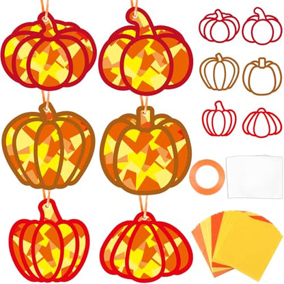 Qyeahkj 36 Set Fall Pumpkin Suncatchers Crafts for DIY Autumn Window Tissue Paper Crafts Kit Thanksgiving Pumpkin Hanging Decor for Fall Home Activity Art Project Birthday Party Favor Gift - style: Fall Pumpkin