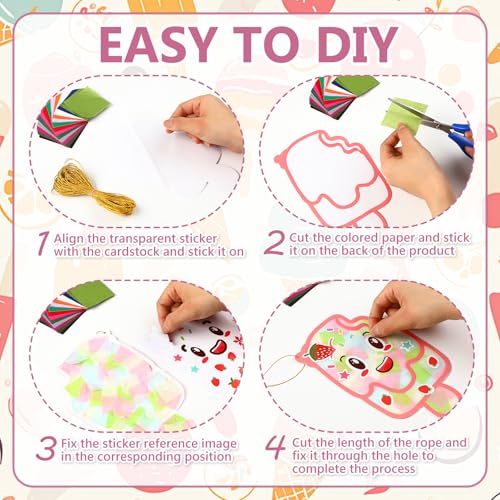 DoubleFill 48 Pcs Summer Ice Cream Suncatchers Craft Kits DIY Summer Ice Cream Stained Glass Effect Tissue Paper Kits Bulk for Window Decor Home Ornament Party Favors Art Activities - style: Summer Ice Cream