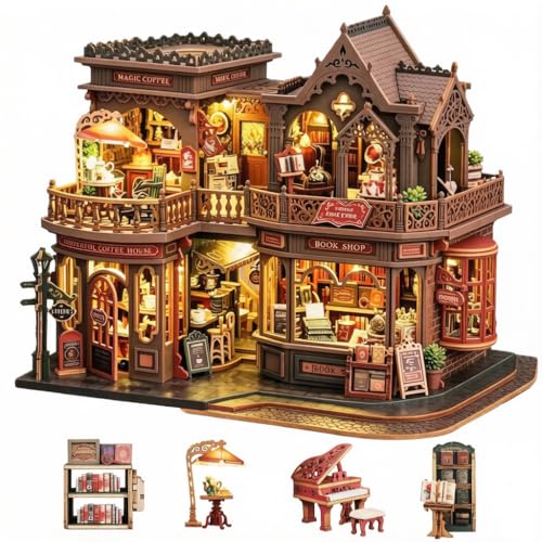 Book Nook Kit DIY Miniature House Coffee Shop 3D Wooden Puzzle Kit Book Nook Building Set for Family & Friends