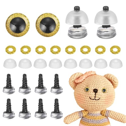 MECCANIXITY 12 Pcs Glitter Safety Eyes, 9mm Plastic 3D Crochet Doll Eyes with Washers and Drawstring Bag for Puppet Bear DIY Crafts Stuffed Animals Making Supplies, Gold - color: Gold