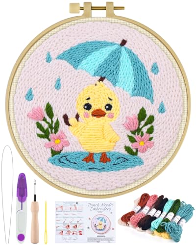 ERKOON Punch Needle Kit for Beginners Adults, DIY Easy Animal Embroidery Set for Starter Art Craft, Needling Punch Project with Patterns, Tools, Yarns, Hoop, Instruction (Duck) - color: Duck