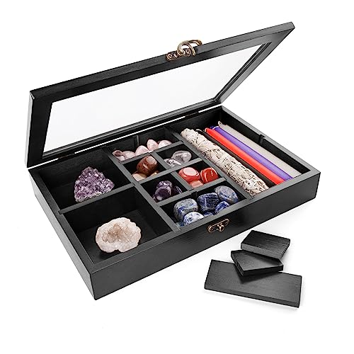 Adjustable Rock Collection Box, Wood Crystal Display Case for Gemstone - color: Black