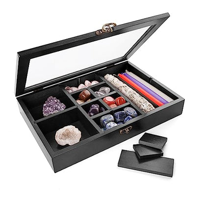 Adjustable Rock Collection Box, Wood Crystal Display Case for Gemstone - color: Black