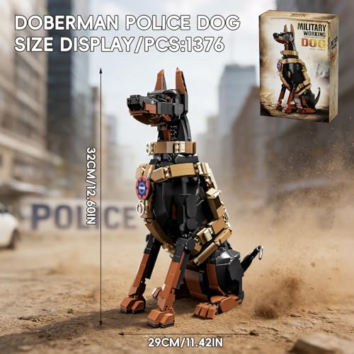 Doberman Pinscher Building Set 1376 Pieces Realistic Police Dog K9 Model Kit with Tactical Harness Large Sitting Animal Pet Construction Toy Guardian Statue Gift for Dog Lovers & Adults - color: Doberman Pinscher