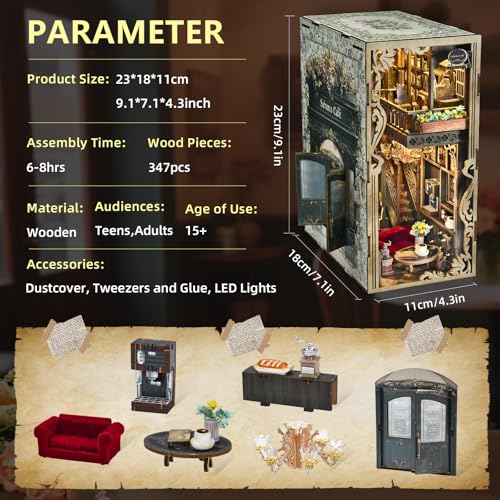 MiniCity Book Nook Kit, DIY Miniature Dollhouse Book Nook Kit with Dust Cover and LED Light (Saisons Café) - color: Saisons Café