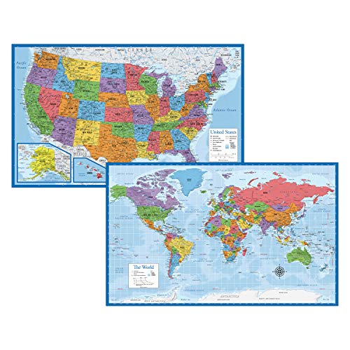 Laminated World Map & US Map Poster Set - 18" x 29" - Wall Chart Maps of the World & United States - Made in the USA - (LAMINATED, 18" x 29") - color: Blue