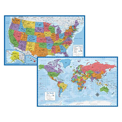 Laminated World Map & US Map Poster Set - 18" x 29" - Wall Chart Maps of the World & United States - Made in the USA - (LAMINATED, 18" x 29") - color: Blue
