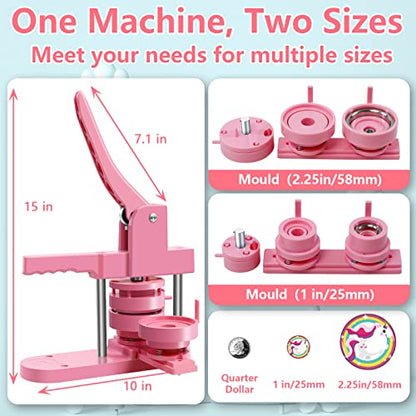 Happizza Button Maker Machine Multiple Sizes, Pin Maker Machine 1+2.25 inch, Badge Button Press Machine with Cute Stickers and 200 Sets Button Making Supplies&Circle Cutter for Girls Women(Pink) - size: Pink 1+2.25 inch (200 Sets)