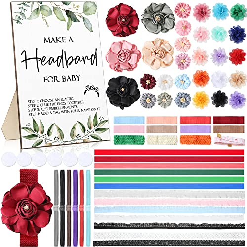 Geosar Baby Shower Games DIY Headband Making Kit Include Wooden Game Sign Elastic Cute Flowers Hairbands Round Fabrics and Tape Makes 30 Headbands for Baby Shower Guest Games(Greenery) - style: Greenery