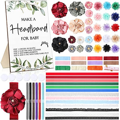 Geosar Baby Shower Games DIY Headband Making Kit Include Wooden Game Sign Elastic Cute Flowers Hairbands Round Fabrics and Tape Makes 30 Headbands for Baby Shower Guest Games(Greenery) - style: Greenery