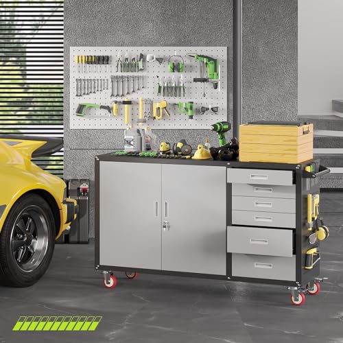 55"W Heavy Duty Rolling Workbench with Drawers and Storage,1000 LBS Capacity Work Bench with Lockable Cabinet & Adjustable Shelf,Garage Workbench with Pegboard & Wheels for Garage/Repair Shop