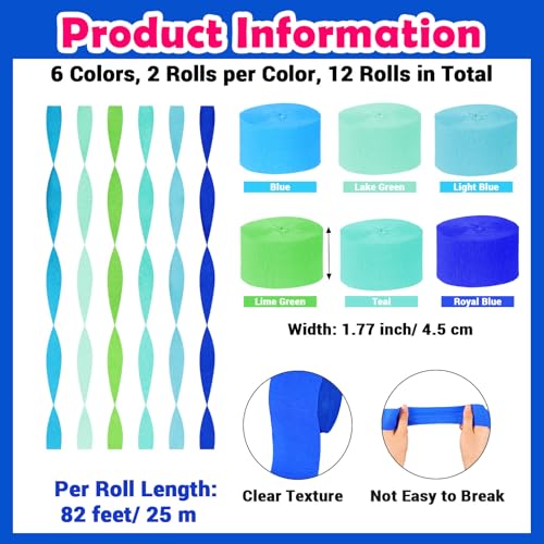Epakh 12 Rolls Blue Green Teal Crepe Paper Streamers 984ft - color: Blue Green Teal