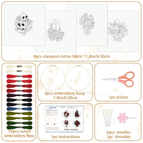 BEUNITONE 4 Set Halloween Skull Embroidery Kit for Beginners Include Hoops - color: 02-Halloween Rose